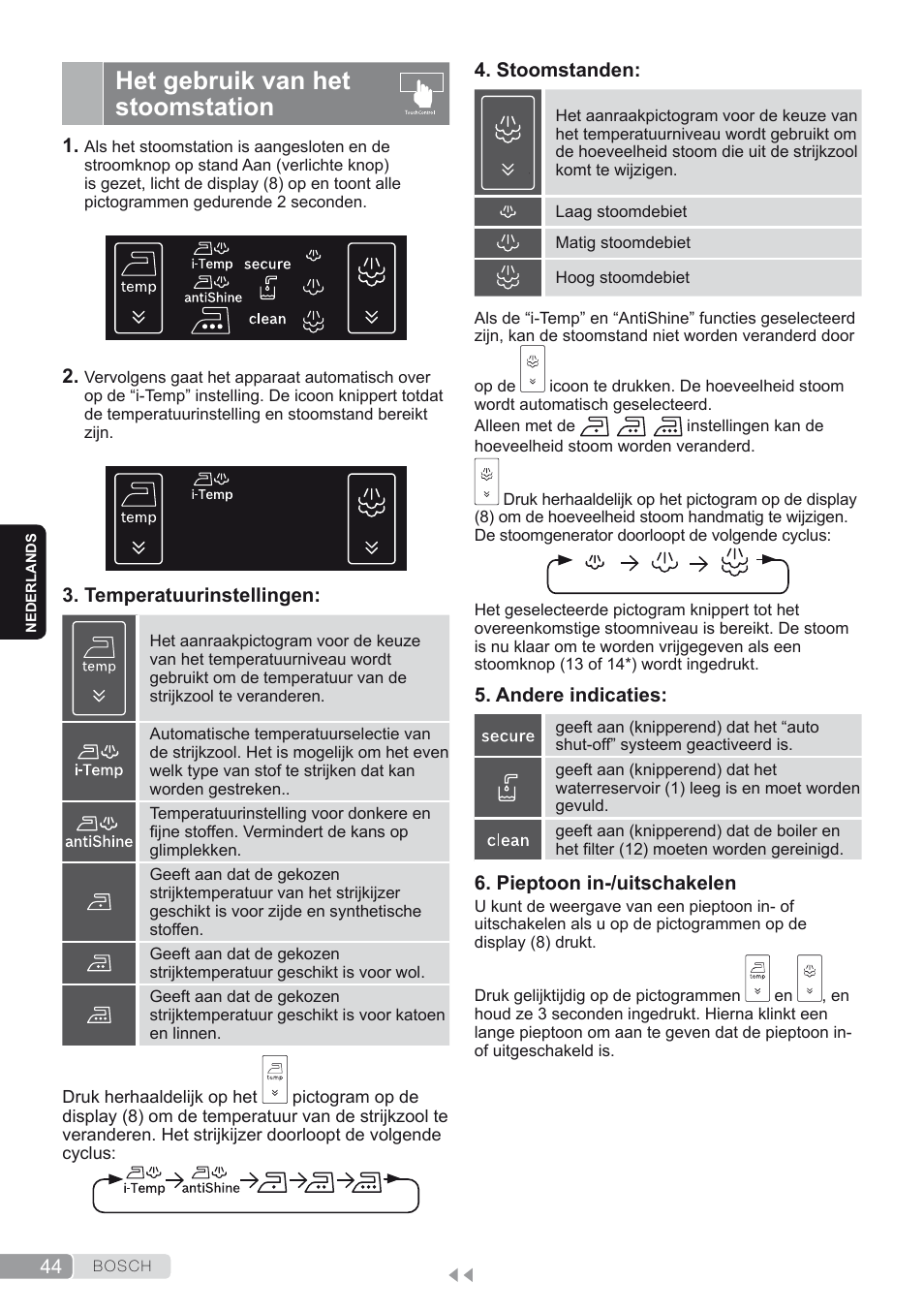 Het gebruik van het stoomstation | Bosch TDS4580 Centro de planchado Sensixx B45L SilenceComfort400 EAN 4242002768458 User Manual | Page 44 / 172