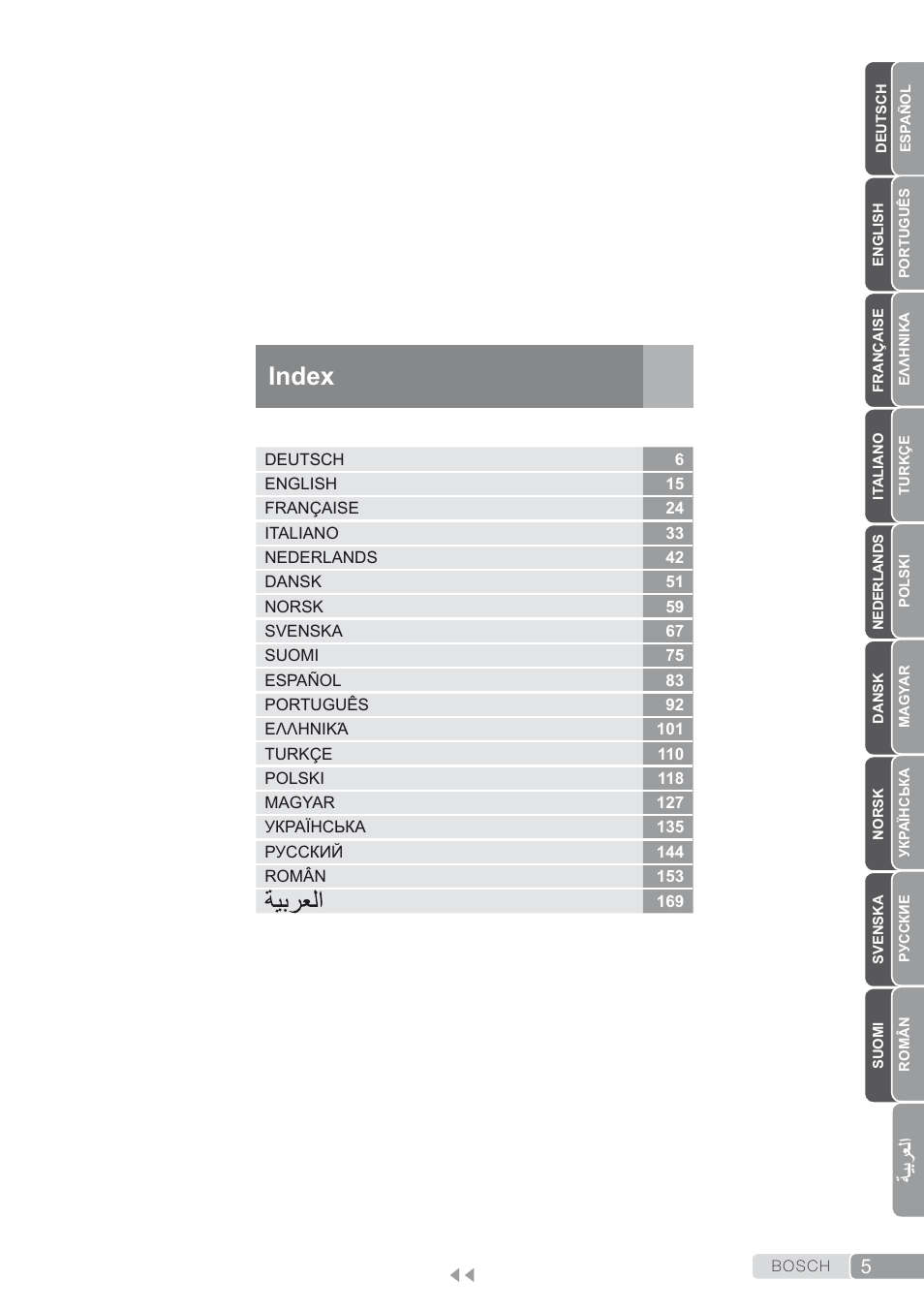 Index, ةيبرعلا | Bosch TDS4580 Centro de planchado Sensixx B45L SilenceComfort400 EAN 4242002768458 User Manual | Page 5 / 172