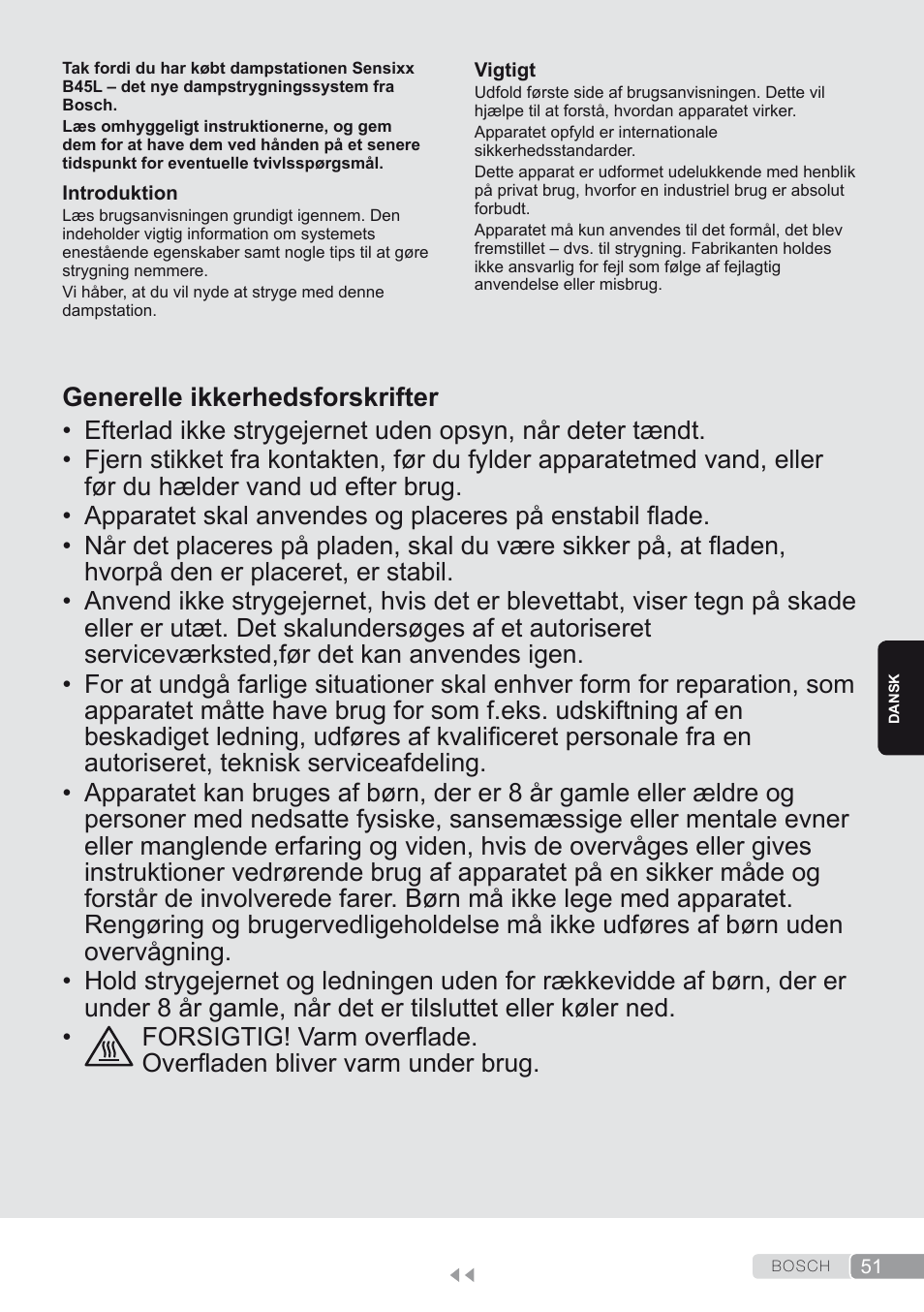 Dansk, Generelle ikkerhedsforskrifter | Bosch TDS4580 Centro de planchado Sensixx B45L SilenceComfort400 EAN 4242002768458 User Manual | Page 51 / 172