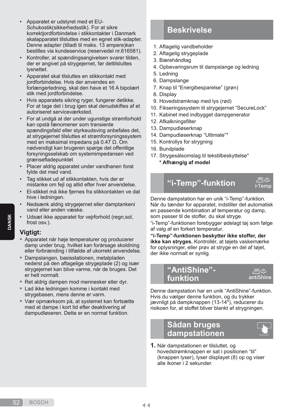 Beskrivelse, I-temp”-funktion, Antishine”- funktion | Sådan bruges dampstationen | Bosch TDS4580 Centro de planchado Sensixx B45L SilenceComfort400 EAN 4242002768458 User Manual | Page 52 / 172