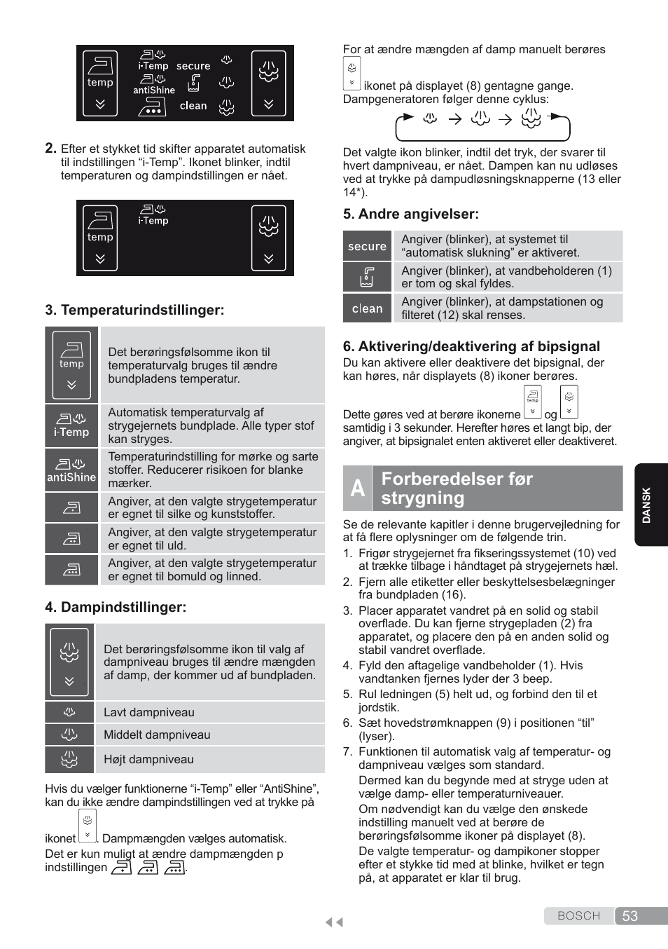 A. forberedelser før strygning, Forberedelser før strygning | Bosch TDS4580 Centro de planchado Sensixx B45L SilenceComfort400 EAN 4242002768458 User Manual | Page 53 / 172