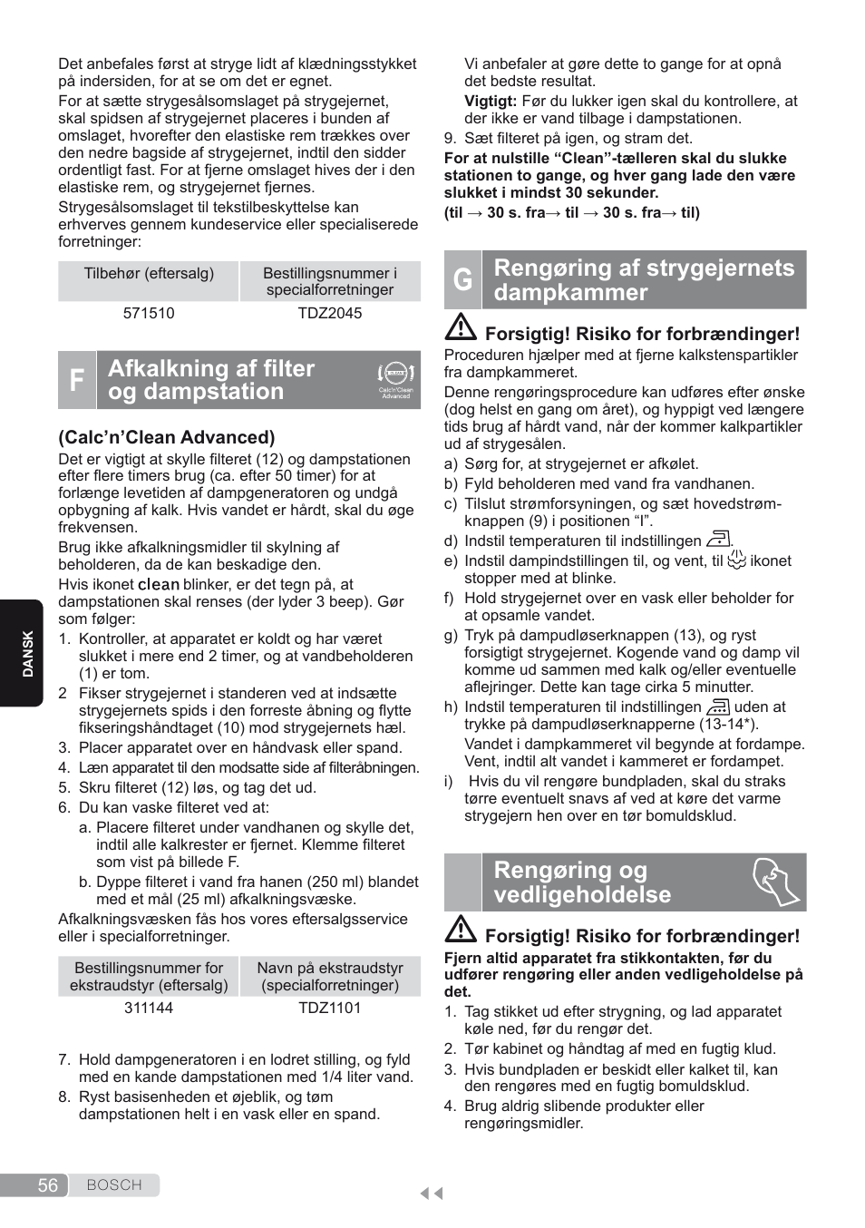 F. afkalkning af filter og dampstation, G. rengøring af strygejernets dampkammer, Rengøring og vedligeholdelse | Rengøring af strygejernets dampkammer, Afkalkning af filter og dampstation | Bosch TDS4580 Centro de planchado Sensixx B45L SilenceComfort400 EAN 4242002768458 User Manual | Page 56 / 172