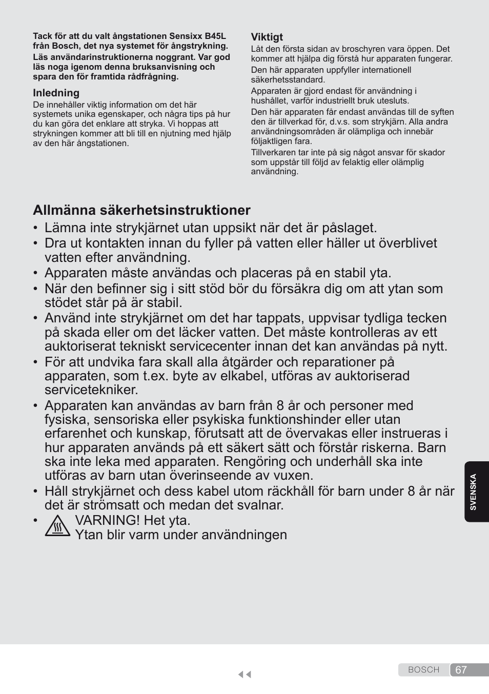 Svenska, Allmänna säkerhetsinstruktioner | Bosch TDS4580 Centro de planchado Sensixx B45L SilenceComfort400 EAN 4242002768458 User Manual | Page 67 / 172