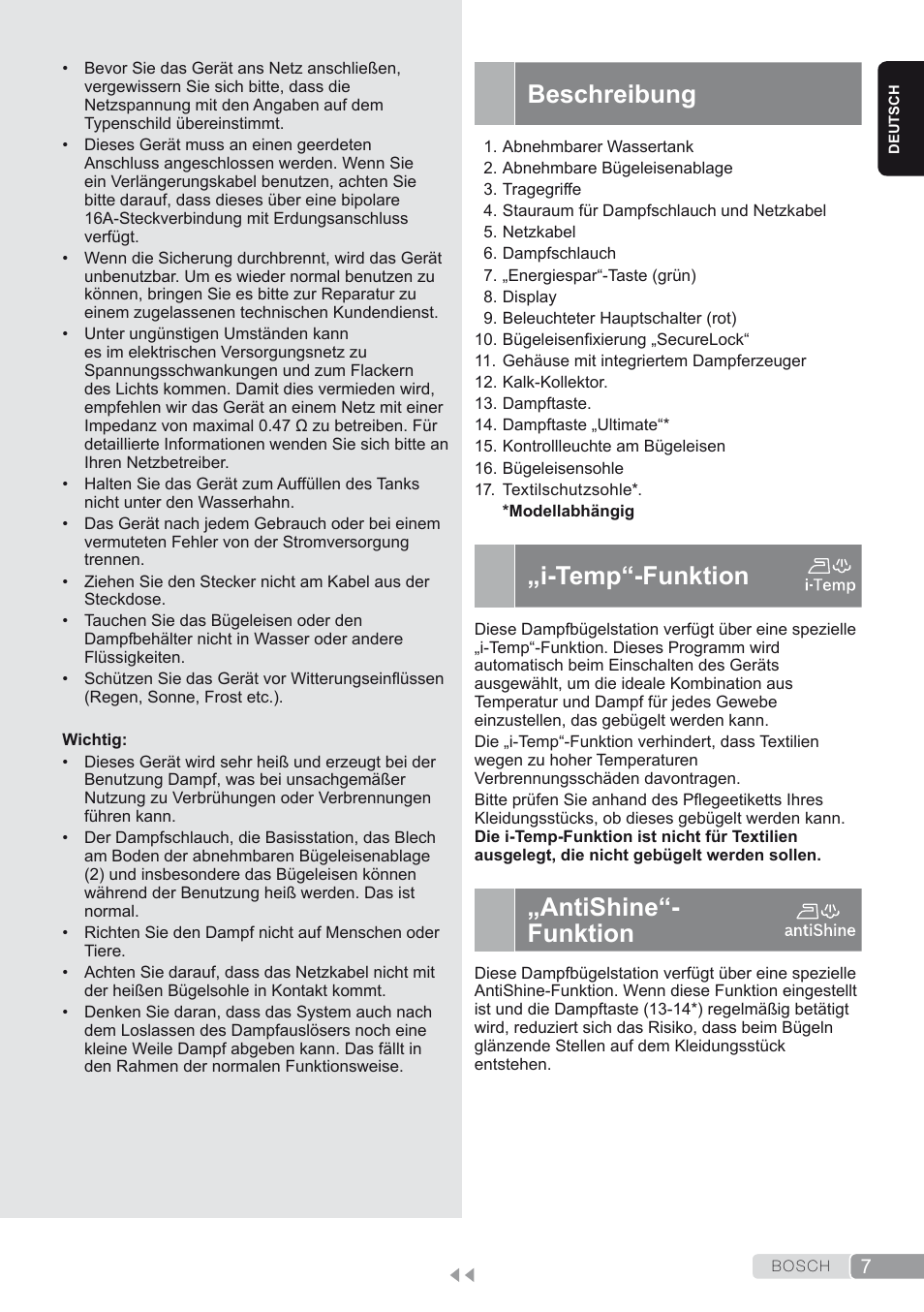 Beschreibung, I-temp“-funktion, Antishine“- funktion | Bosch TDS4580 Centro de planchado Sensixx B45L SilenceComfort400 EAN 4242002768458 User Manual | Page 7 / 172