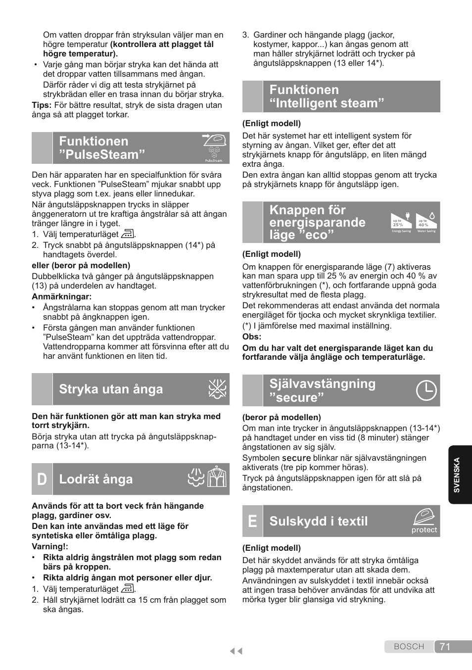 Funktionen ”pulsesteam, D. lodrät ånga, Funktionen “intelligent steam | Knappen för energisparande läge ”eco, Självavstängning ”secure, E. sulskydd i textil, Sulskydd i textil, Stryka utan ånga, Lodrät ånga | Bosch TDS4580 Centro de planchado Sensixx B45L SilenceComfort400 EAN 4242002768458 User Manual | Page 71 / 172