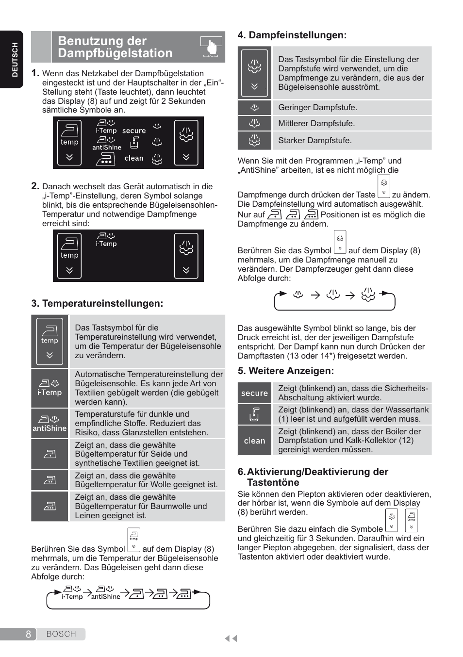 Benutzung der dampfbügelstation | Bosch TDS4580 Centro de planchado Sensixx B45L SilenceComfort400 EAN 4242002768458 User Manual | Page 8 / 172