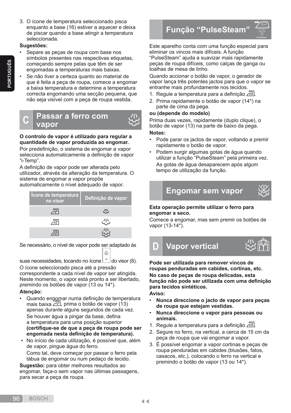 C. passar a ferro com vapor, Função “pulsesteam, Engomar sem vapor | D. vapor vertical, Vapor vertical, Passar a ferro com vapor | Bosch TDS4580 Centro de planchado Sensixx B45L SilenceComfort400 EAN 4242002768458 User Manual | Page 96 / 172