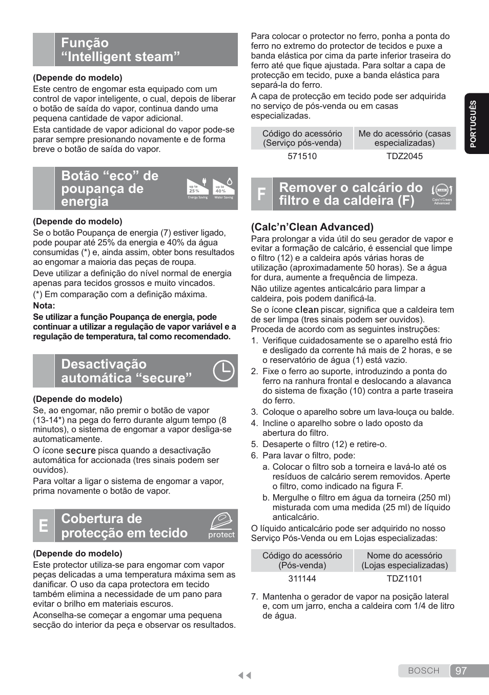 Função “intelligent steam, Botão “eco” de poupança de energia, Desactivação automática “secure | E. cobertura de protecção em tecido, F. remover o calcário do filtro e da caldeira (f), Remover o calcário do filtro e da caldeira (f), Cobertura de protecção em tecido | Bosch TDS4580 Centro de planchado Sensixx B45L SilenceComfort400 EAN 4242002768458 User Manual | Page 97 / 172