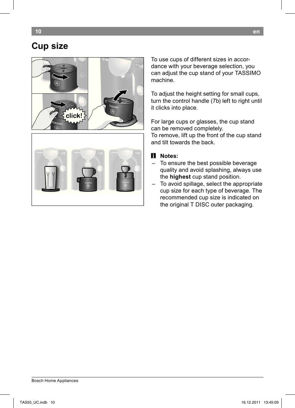 Cup size | Bosch TAS5542 Máquina multibebida TASSIMO T55 EAN 4242002648316 User Manual | Page 12 / 74