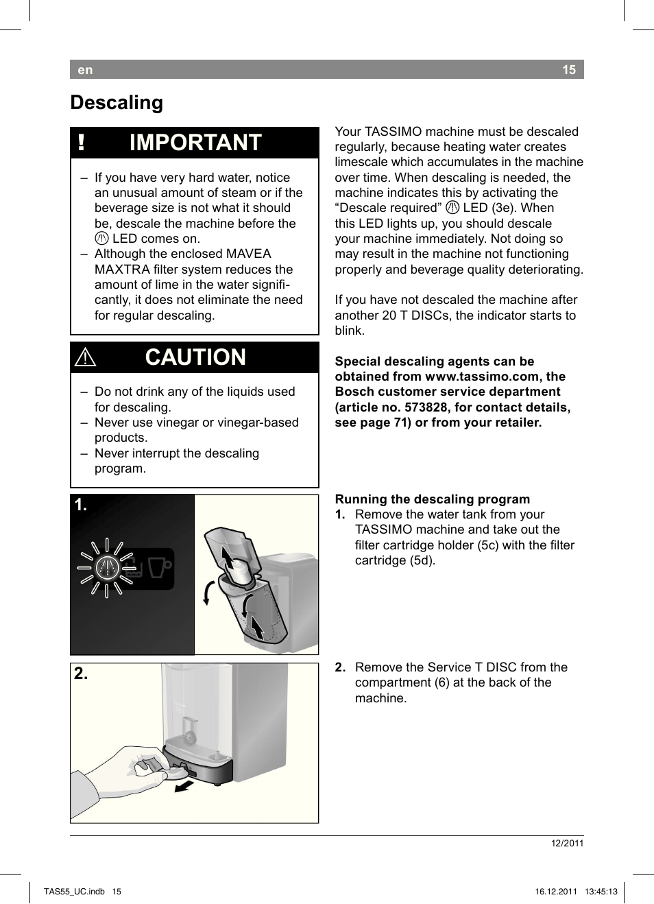 Important, Caution, Descaling | Bosch TAS5542 Máquina multibebida TASSIMO T55 EAN 4242002648316 User Manual | Page 17 / 74