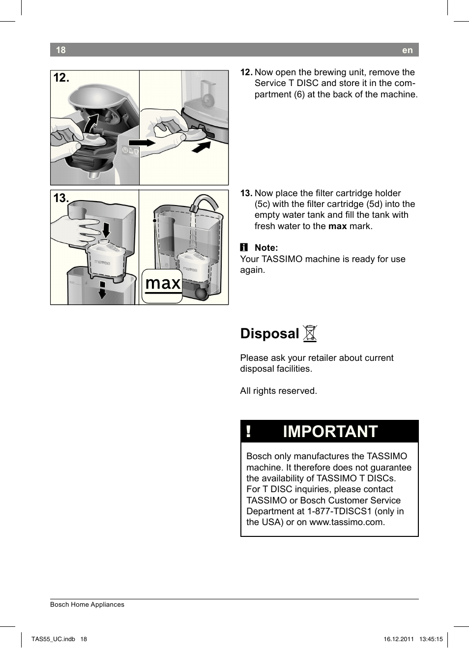 Important, Disposal | Bosch TAS5542 Máquina multibebida TASSIMO T55 EAN 4242002648316 User Manual | Page 20 / 74