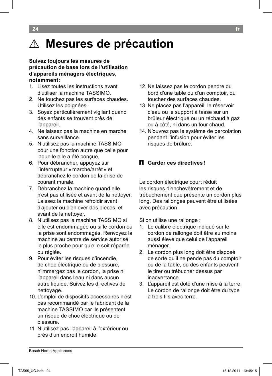 Mesures de précaution | Bosch TAS5542 Máquina multibebida TASSIMO T55 EAN 4242002648316 User Manual | Page 26 / 74