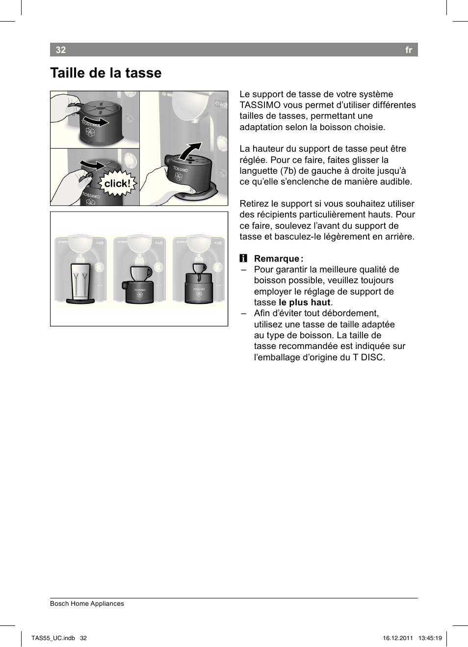 Taille de la tasse | Bosch TAS5542 Máquina multibebida TASSIMO T55 EAN 4242002648316 User Manual | Page 34 / 74