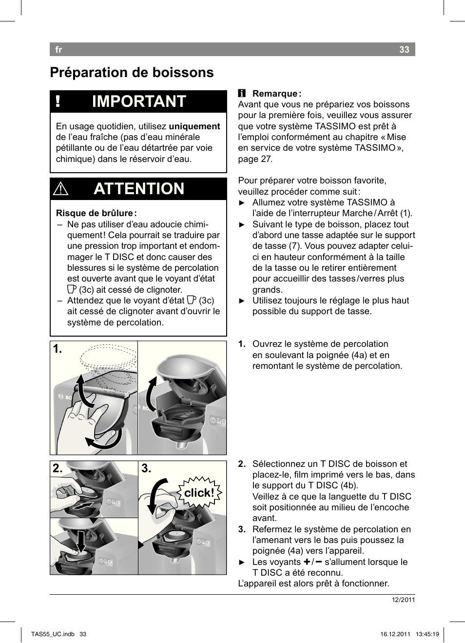 Important, Attention, Préparation de boissons | Bosch TAS5542 Máquina multibebida TASSIMO T55 EAN 4242002648316 User Manual | Page 35 / 74
