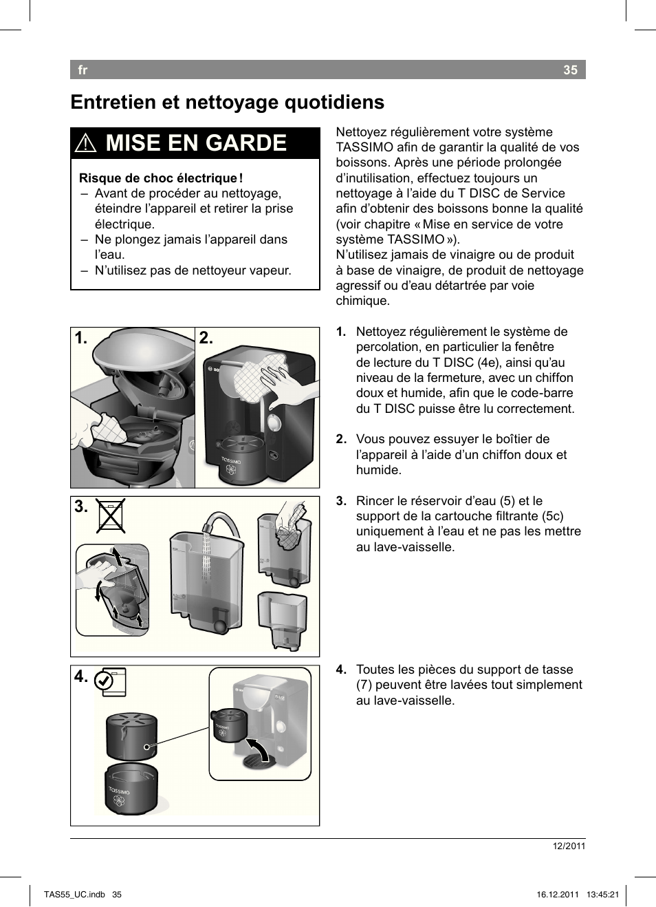 Mise en garde, Entretien et nettoyage quotidiens | Bosch TAS5542 Máquina multibebida TASSIMO T55 EAN 4242002648316 User Manual | Page 37 / 74