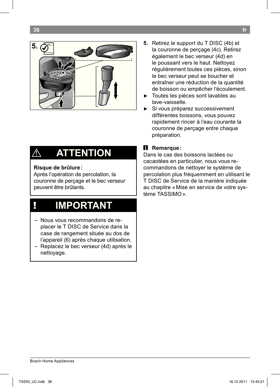 Attention, Important | Bosch TAS5542 Máquina multibebida TASSIMO T55 EAN 4242002648316 User Manual | Page 38 / 74