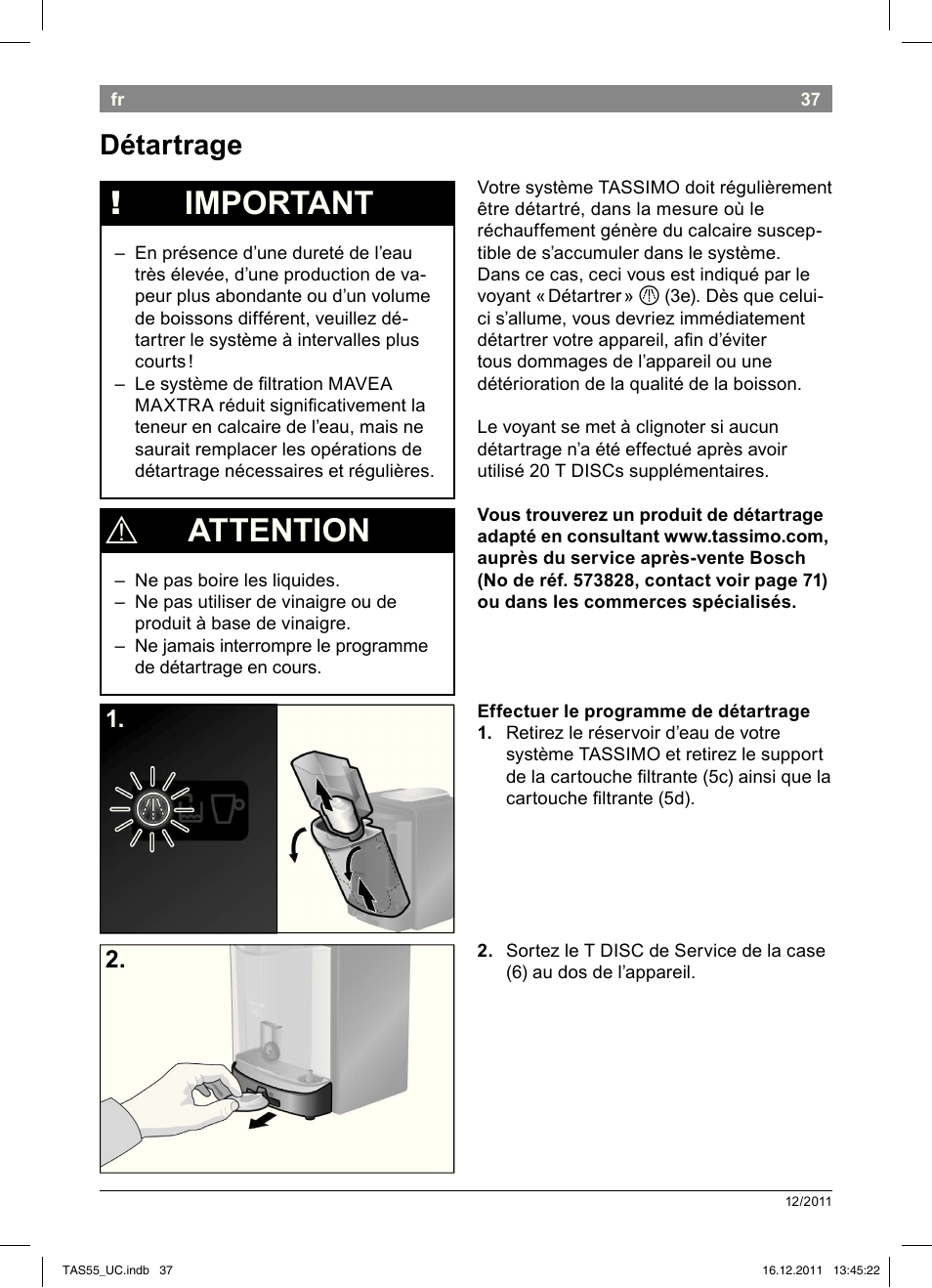 Important, Attention, Détartrage | Bosch TAS5542 Máquina multibebida TASSIMO T55 EAN 4242002648316 User Manual | Page 39 / 74