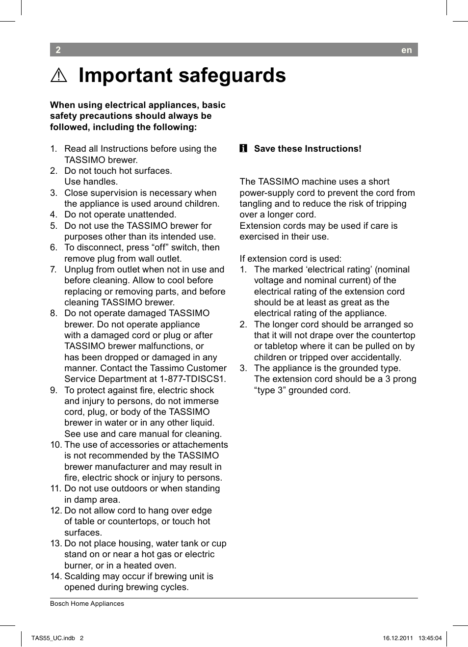 Important safeguards | Bosch TAS5542 Máquina multibebida TASSIMO T55 EAN 4242002648316 User Manual | Page 4 / 74