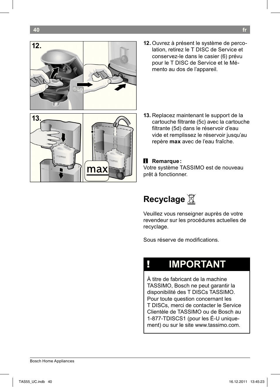 Important, Recyclage | Bosch TAS5542 Máquina multibebida TASSIMO T55 EAN 4242002648316 User Manual | Page 42 / 74
