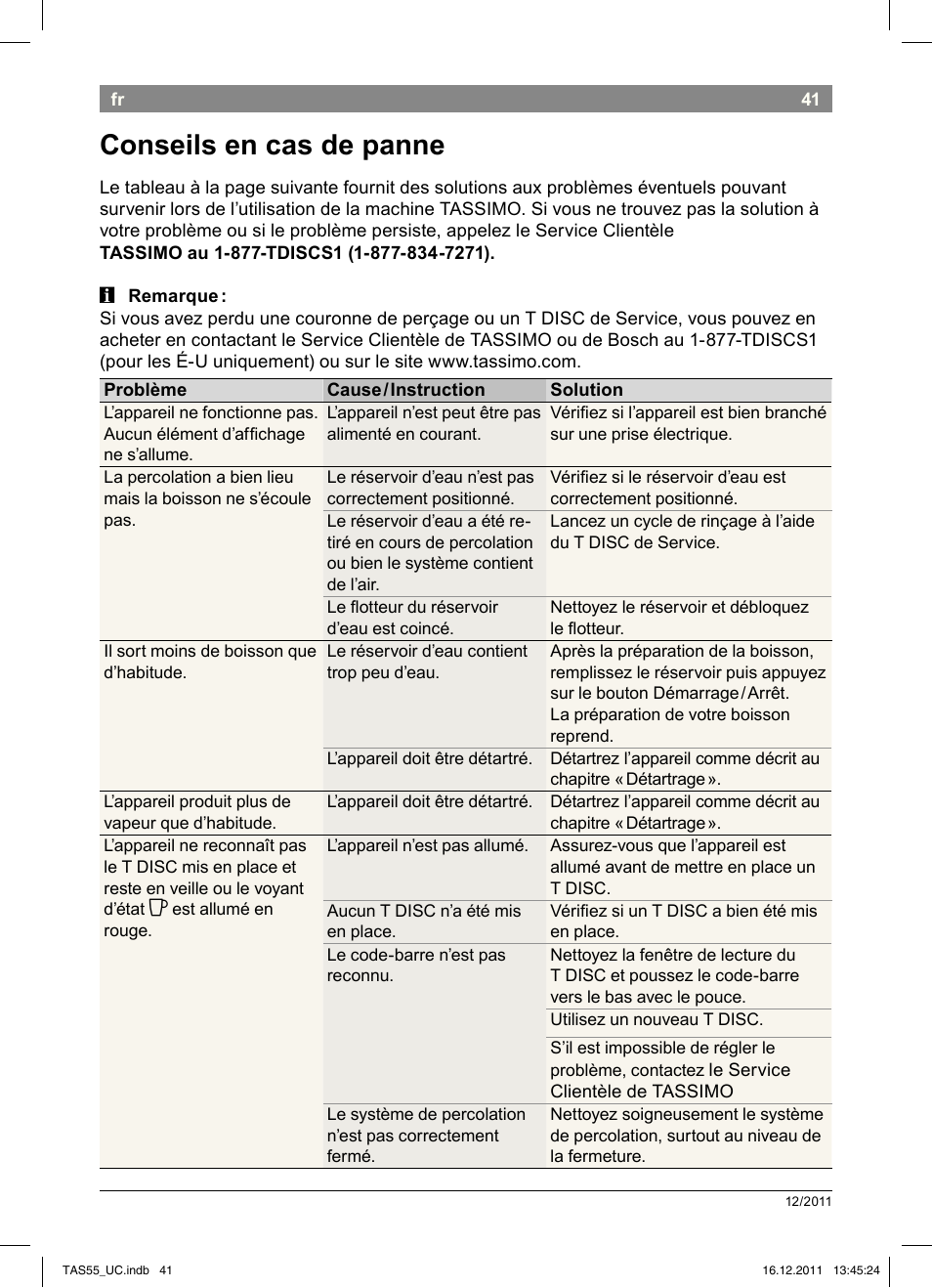 Conseils en cas de panne | Bosch TAS5542 Máquina multibebida TASSIMO T55 EAN 4242002648316 User Manual | Page 43 / 74