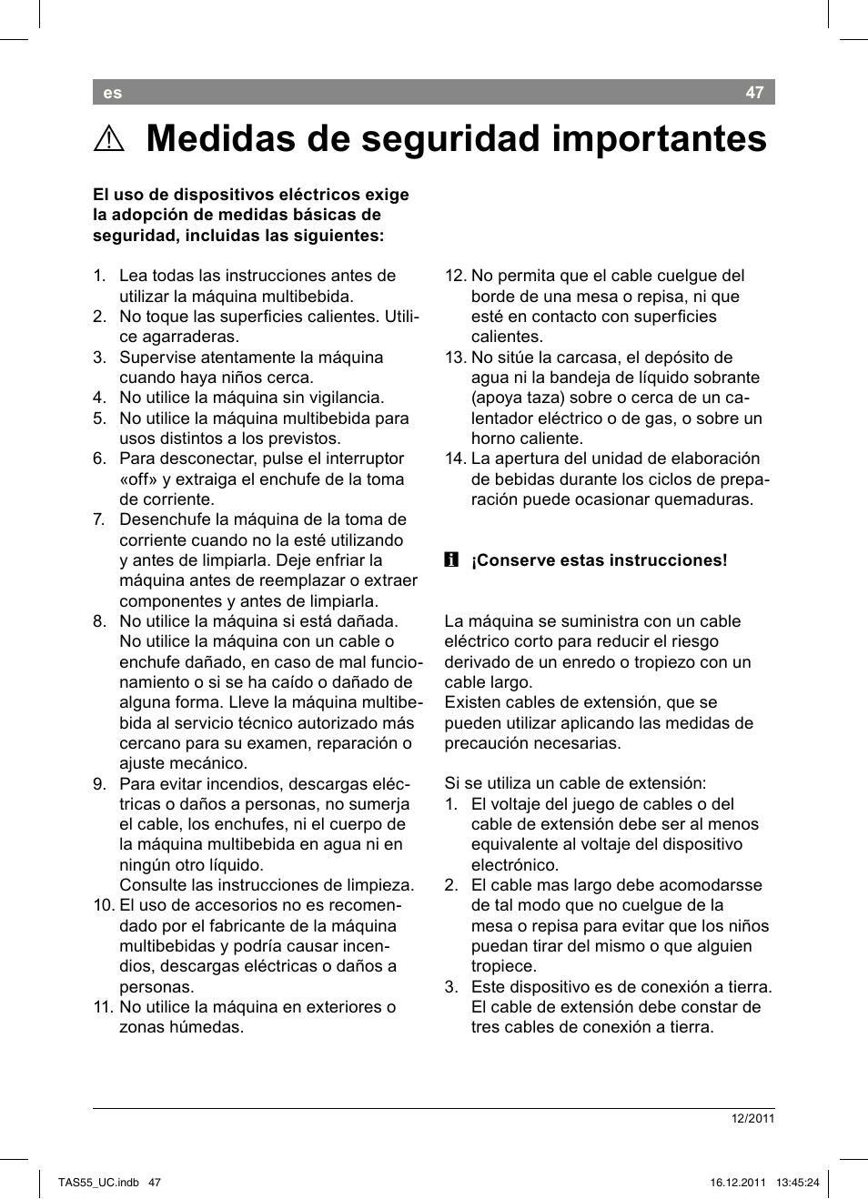 Medidas de seguridad importantes | Bosch TAS5542 Máquina multibebida TASSIMO T55 EAN 4242002648316 User Manual | Page 49 / 74