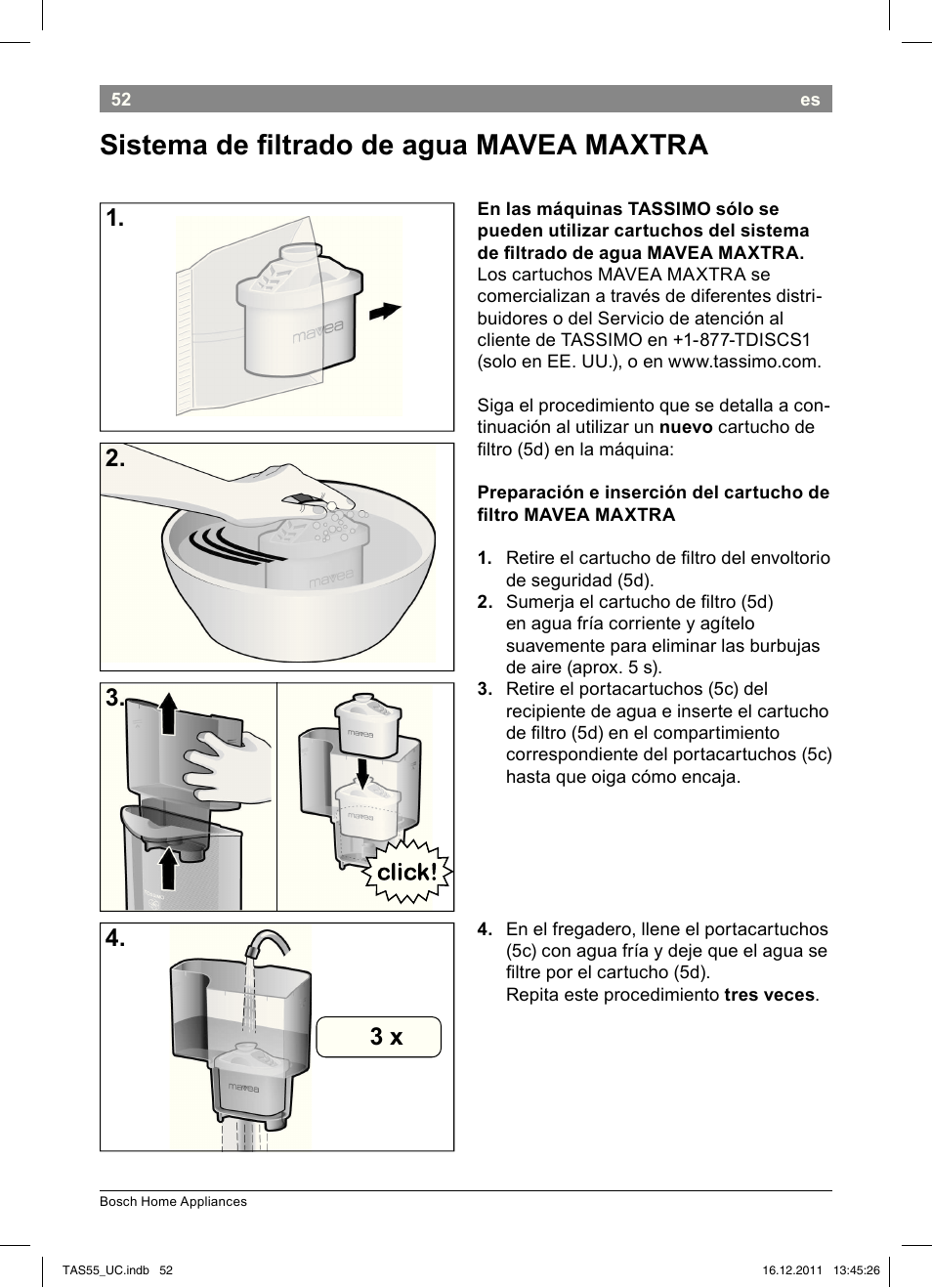 Sistema de i ltrado de agua mavea maxtra, 2. 3. 4. 3 x | Bosch TAS5542 Máquina multibebida TASSIMO T55 EAN 4242002648316 User Manual | Page 54 / 74