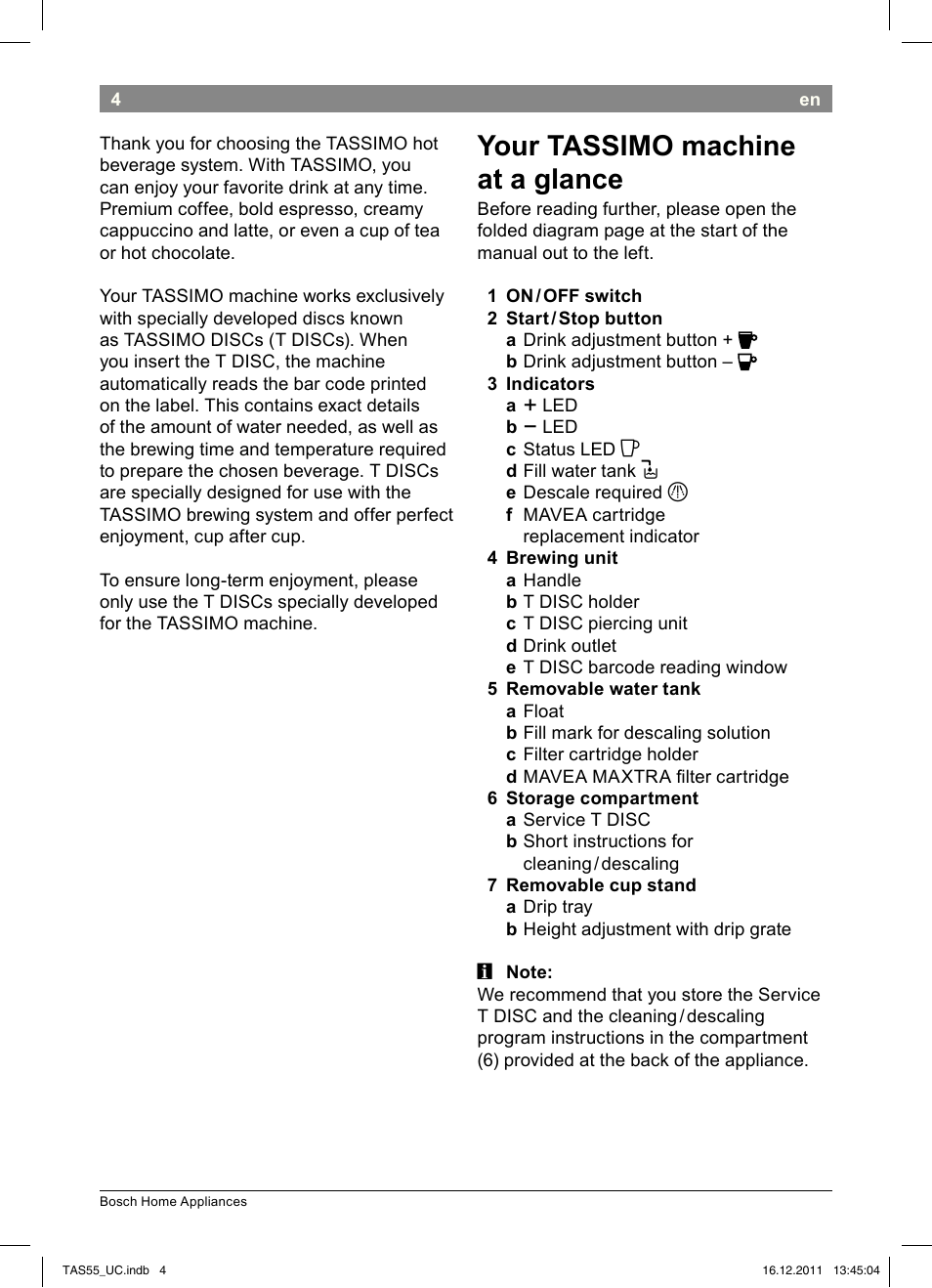 Your tassimo machine at a glance | Bosch TAS5542 Máquina multibebida TASSIMO T55 EAN 4242002648316 User Manual | Page 6 / 74
