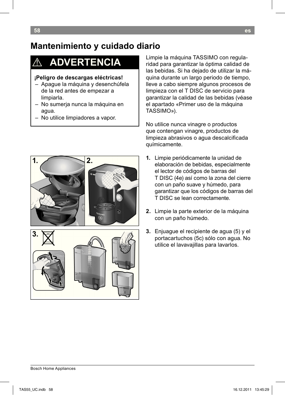 Advertencia, Mantenimiento y cuidado diario | Bosch TAS5542 Máquina multibebida TASSIMO T55 EAN 4242002648316 User Manual | Page 60 / 74