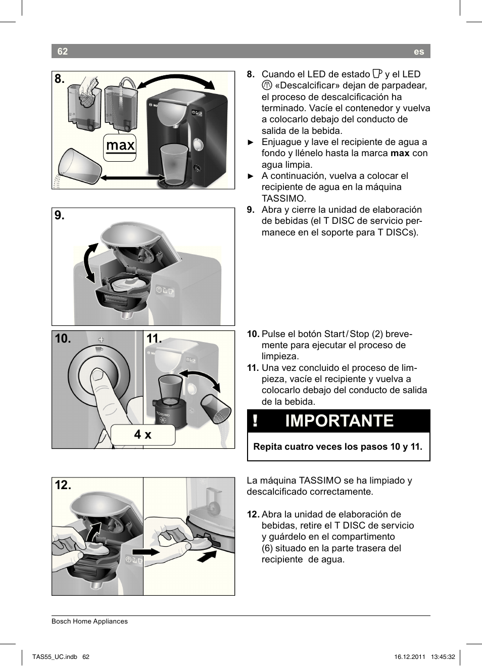 Importante | Bosch TAS5542 Máquina multibebida TASSIMO T55 EAN 4242002648316 User Manual | Page 64 / 74