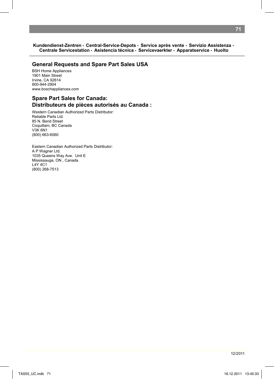 General requests and spare part sales usa | Bosch TAS5542 Máquina multibebida TASSIMO T55 EAN 4242002648316 User Manual | Page 73 / 74