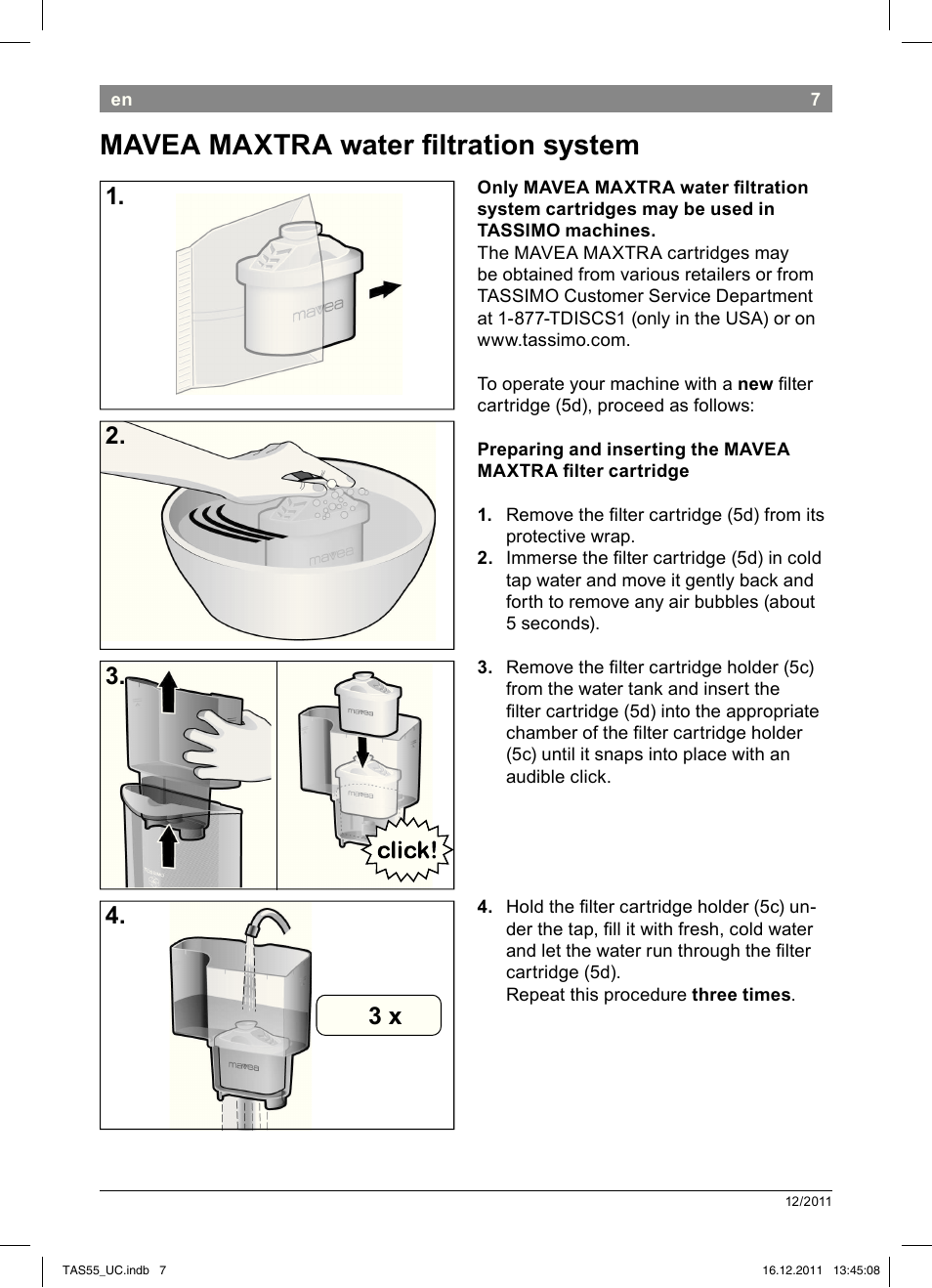 Mavea maxtra water i ltration system, 2. 3. 4. 3 x | Bosch TAS5542 Máquina multibebida TASSIMO T55 EAN 4242002648316 User Manual | Page 9 / 74