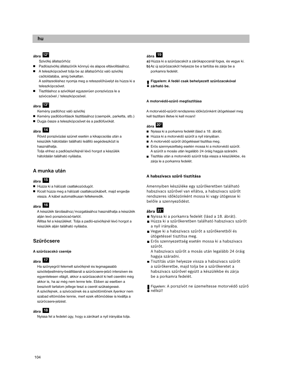 A munka után, Szűrőcsere | Bosch Aspiradores de trineo BGL452132 Maxxx 2100W hepa parquet EAN 4242002690698 User Manual | Page 105 / 151