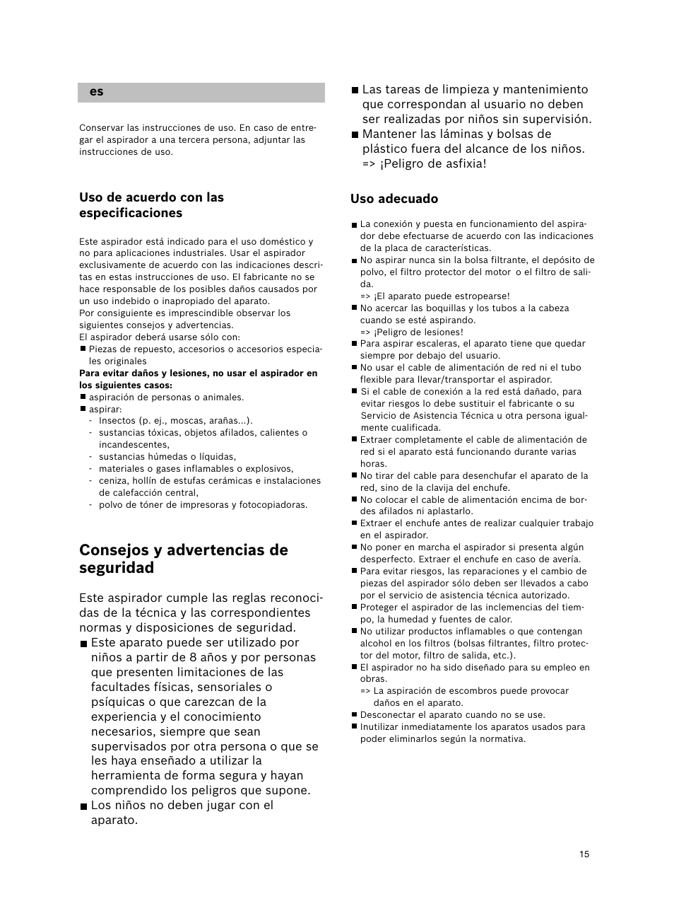 Consejos y advertencias de seguridad | Bosch Aspiradores de trineo BGL452132 Maxxx 2100W hepa parquet EAN 4242002690698 User Manual | Page 16 / 151