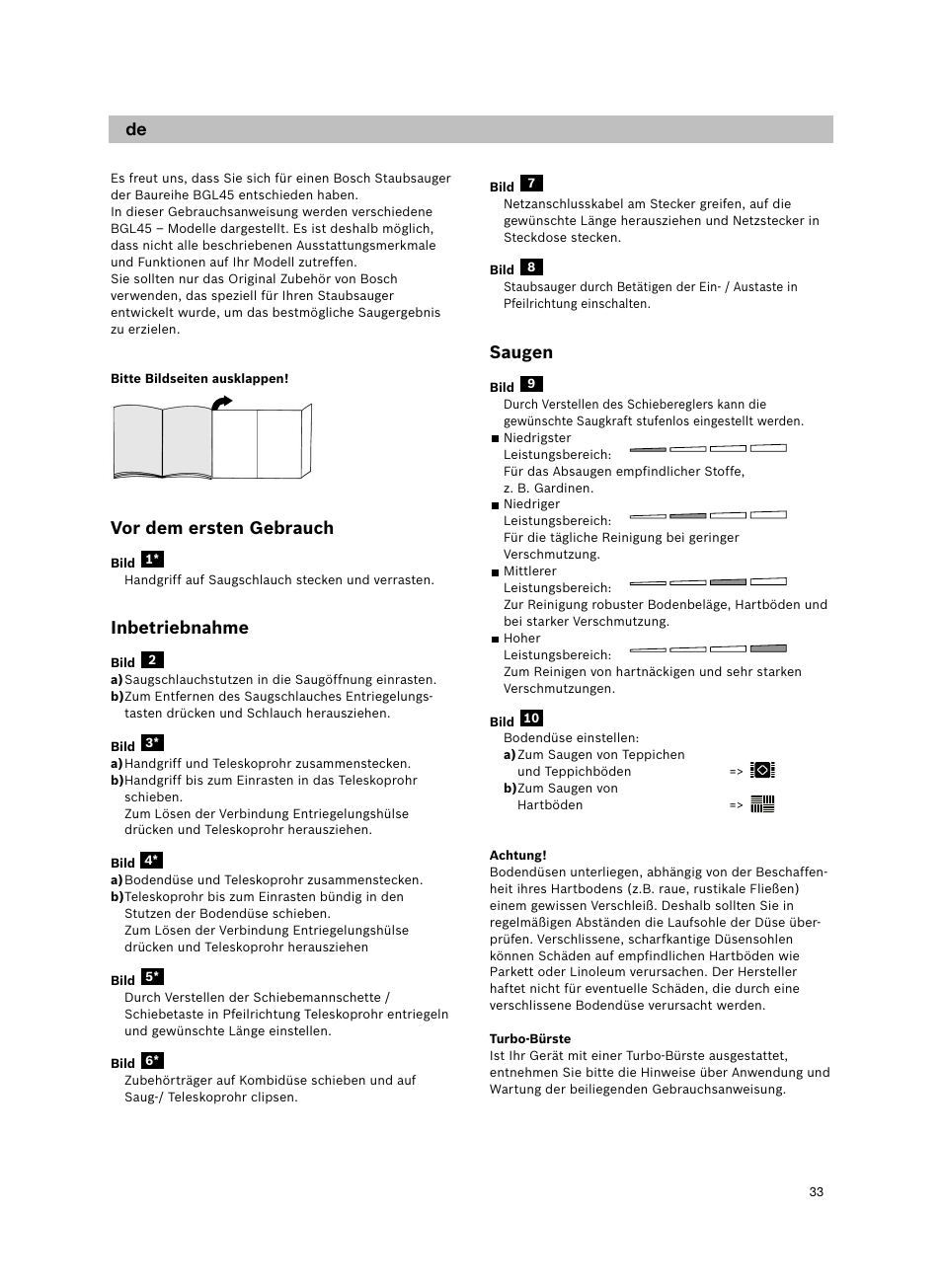 Vor dem ersten gebrauch, Inbetriebnahme, Saugen | Bosch Aspiradores de trineo BGL452132 Maxxx 2100W hepa parquet EAN 4242002690698 User Manual | Page 34 / 151