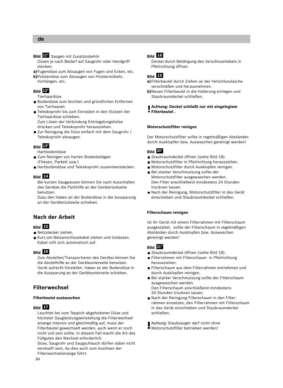 Nach der arbeit, Filterwechsel | Bosch Aspiradores de trineo BGL452132 Maxxx 2100W hepa parquet EAN 4242002690698 User Manual | Page 35 / 151