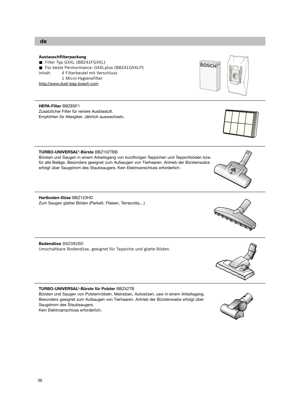 Sonderzubehör | Bosch Aspiradores de trineo BGL452132 Maxxx 2100W hepa parquet EAN 4242002690698 User Manual | Page 37 / 151