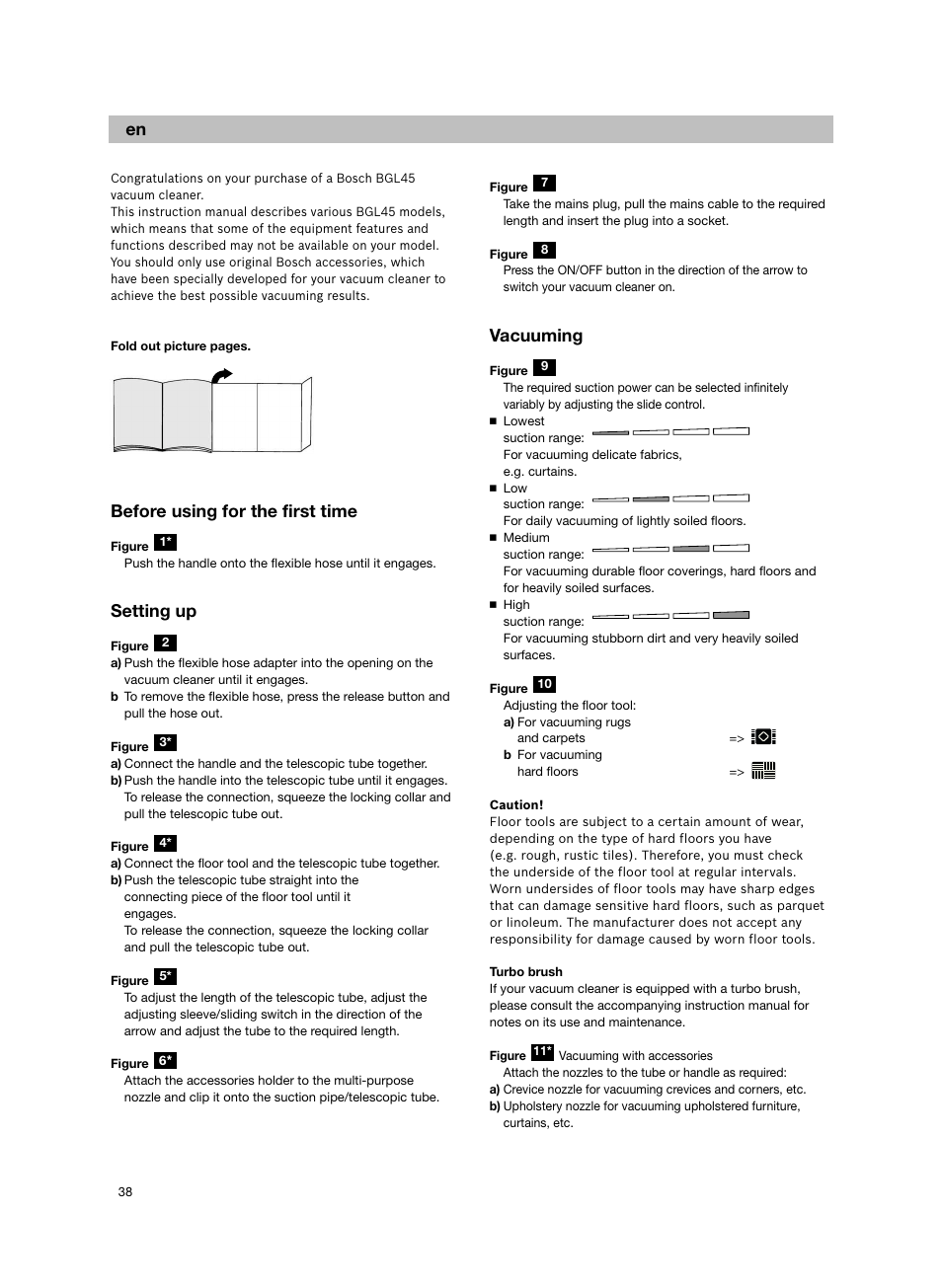 Before using for the first time, Setting up, Vacuuming | Bosch Aspiradores de trineo BGL452132 Maxxx 2100W hepa parquet EAN 4242002690698 User Manual | Page 39 / 151