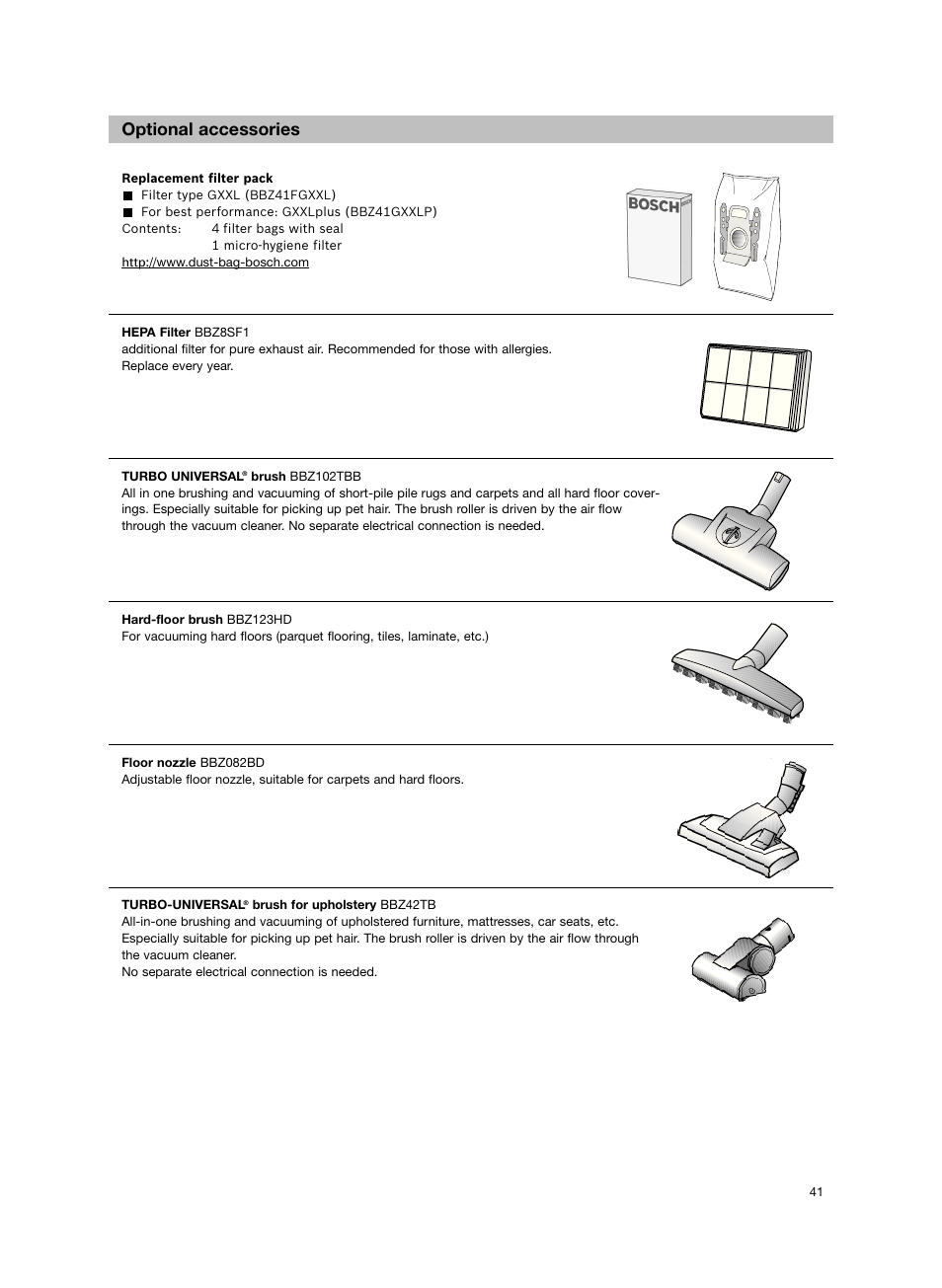 Optional accessories | Bosch Aspiradores de trineo BGL452132 Maxxx 2100W hepa parquet EAN 4242002690698 User Manual | Page 42 / 151