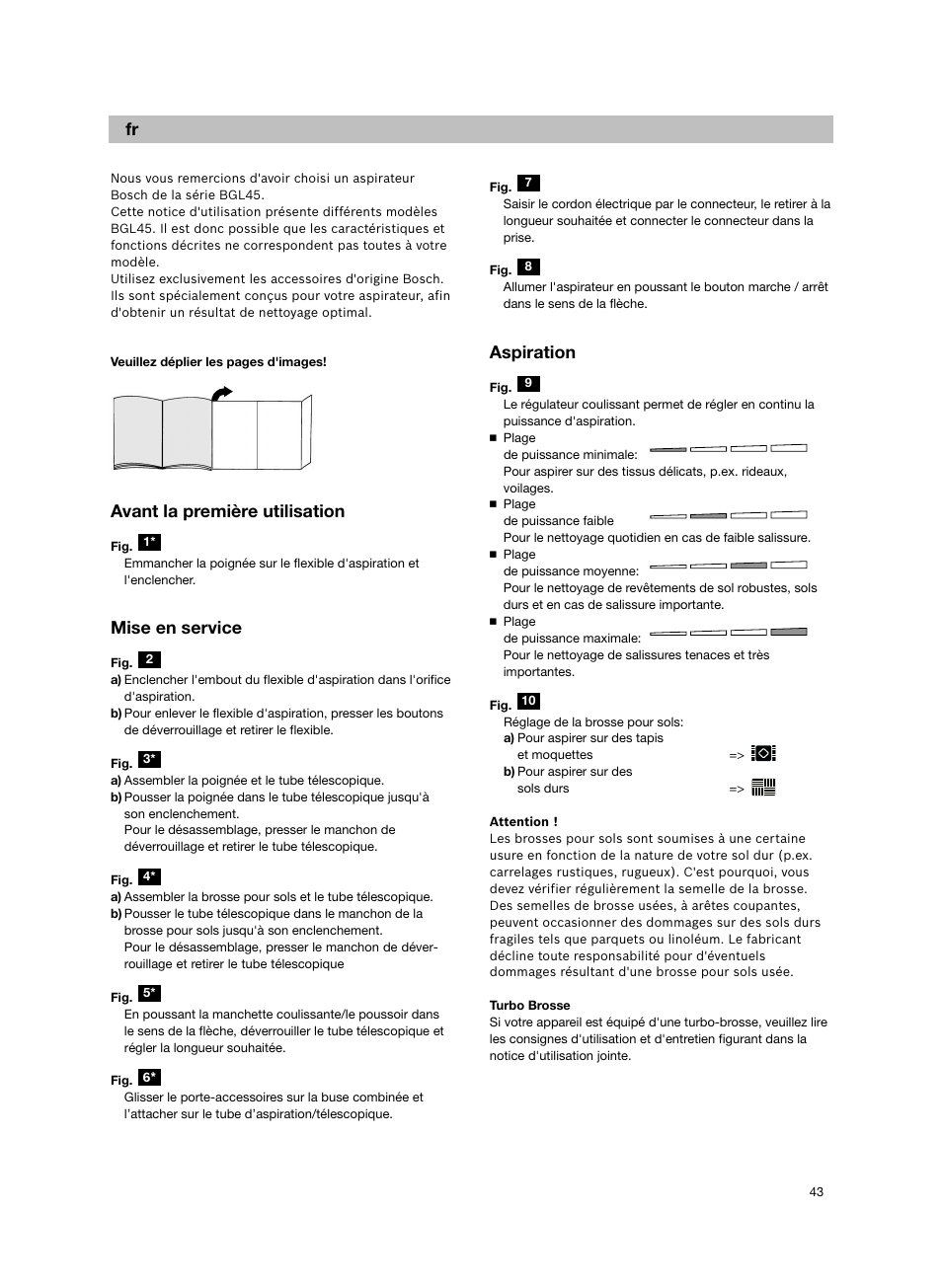 Avant la première utilisation, Mise en service, Aspiration | Bosch Aspiradores de trineo BGL452132 Maxxx 2100W hepa parquet EAN 4242002690698 User Manual | Page 44 / 151