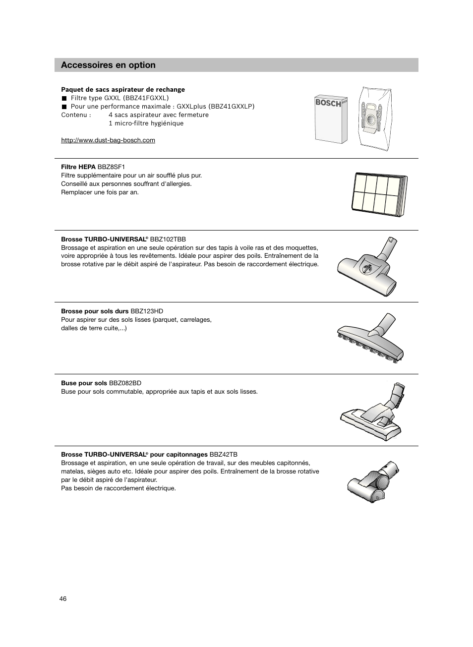 Accessoires en option | Bosch Aspiradores de trineo BGL452132 Maxxx 2100W hepa parquet EAN 4242002690698 User Manual | Page 47 / 151