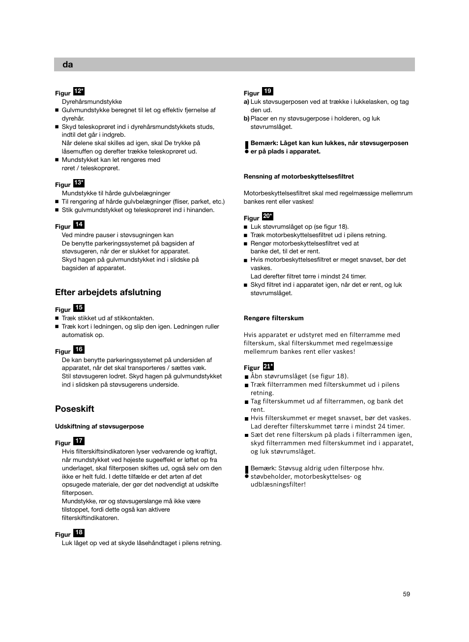 Efter arbejdets afslutning, Poseskift | Bosch Aspiradores de trineo BGL452132 Maxxx 2100W hepa parquet EAN 4242002690698 User Manual | Page 60 / 151