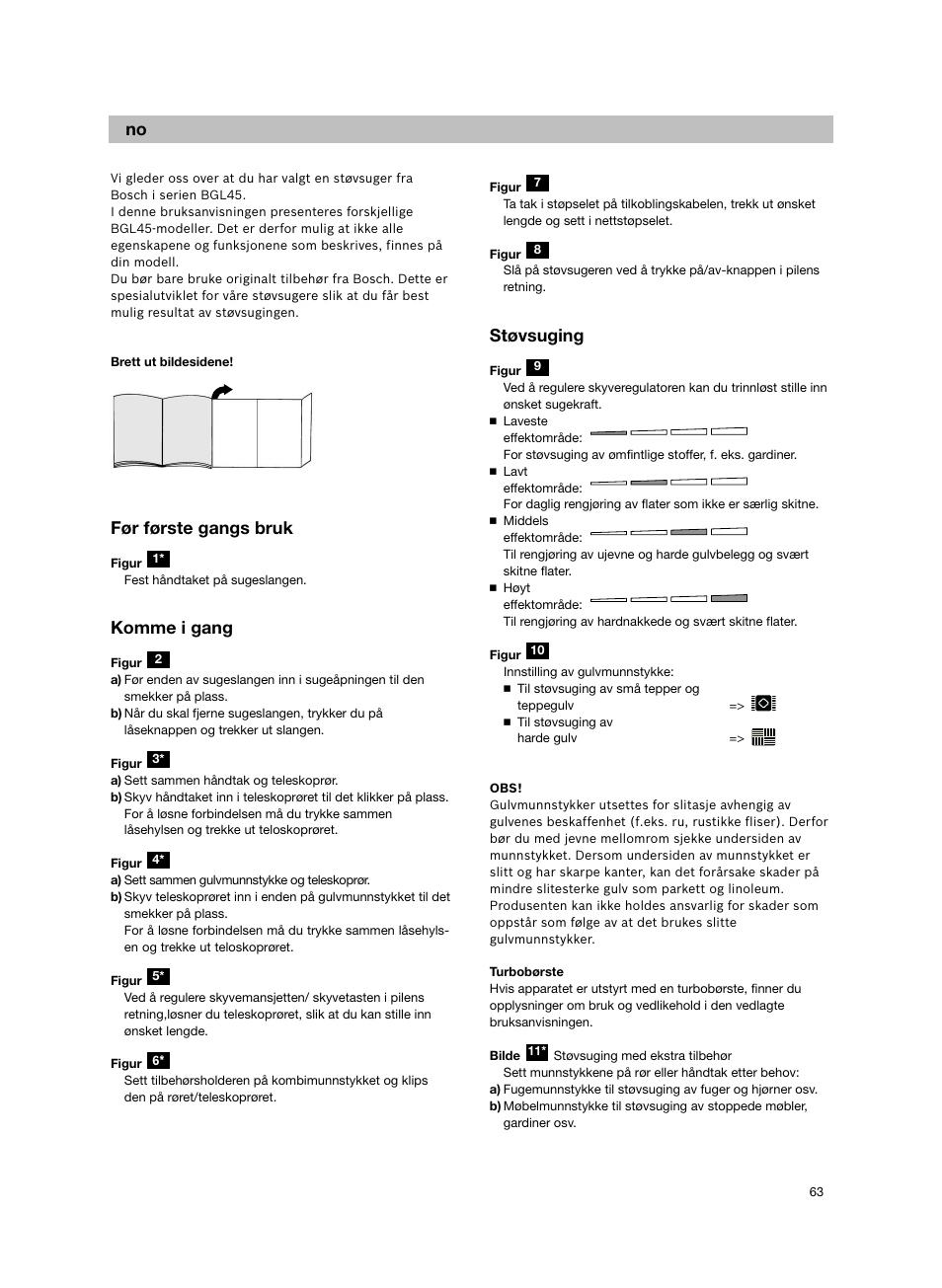 Før første gangs bruk, Komme i gang, Støvsuging | Bosch Aspiradores de trineo BGL452132 Maxxx 2100W hepa parquet EAN 4242002690698 User Manual | Page 64 / 151