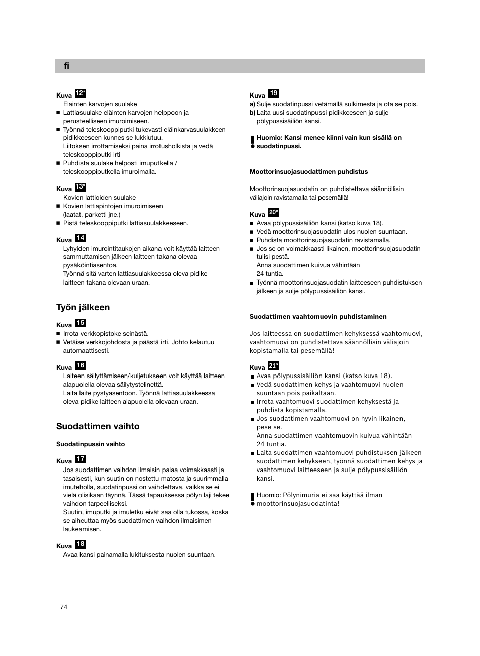 Työn jälkeen, Suodattimen vaihto | Bosch Aspiradores de trineo BGL452132 Maxxx 2100W hepa parquet EAN 4242002690698 User Manual | Page 75 / 151