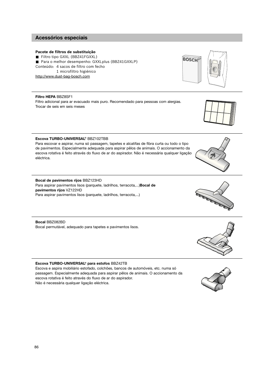 Acessórios especiais | Bosch Aspiradores de trineo BGL452132 Maxxx 2100W hepa parquet EAN 4242002690698 User Manual | Page 87 / 151