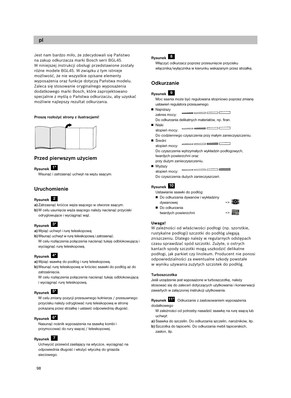 Przed pierwszym użyciem, Uruchomienie, Odkurzanie | Bosch Aspiradores de trineo BGL452132 Maxxx 2100W hepa parquet EAN 4242002690698 User Manual | Page 99 / 151