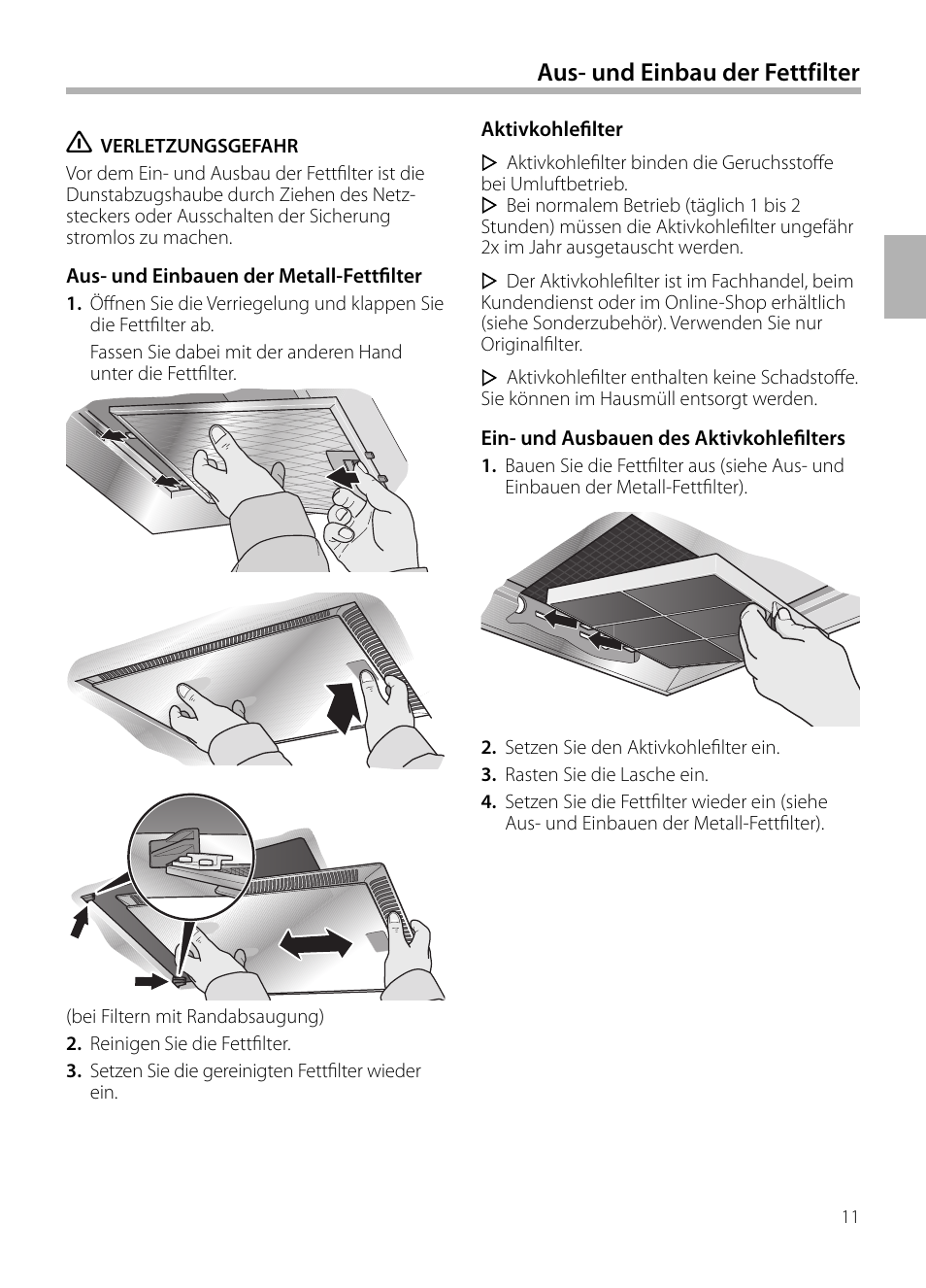 Aus- und einbau der fettfilter | Bosch DWB129950 Diseño Box EAN 4242002490267 Ancho 120 cm User Manual | Page 11 / 108