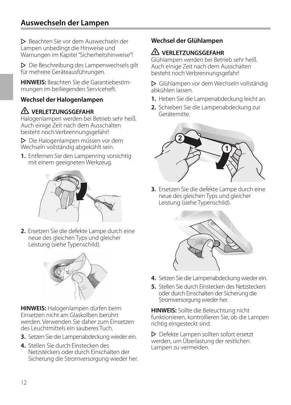 Auswechseln der lampen | Bosch DWB129950 Diseño Box EAN 4242002490267 Ancho 120 cm User Manual | Page 12 / 108