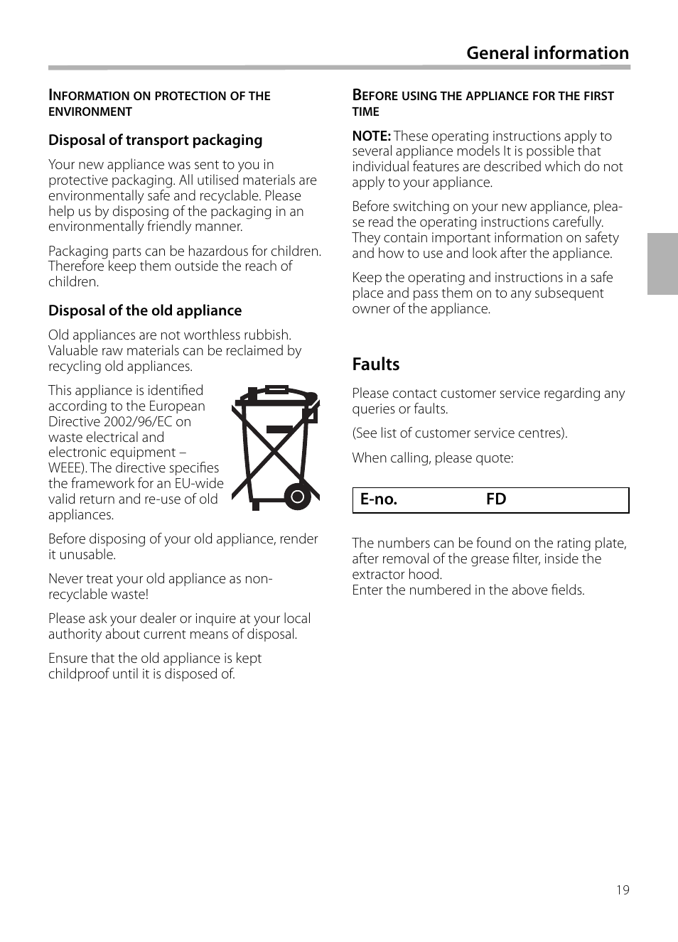 Faults, General information | Bosch DWB129950 Diseño Box EAN 4242002490267 Ancho 120 cm User Manual | Page 19 / 108