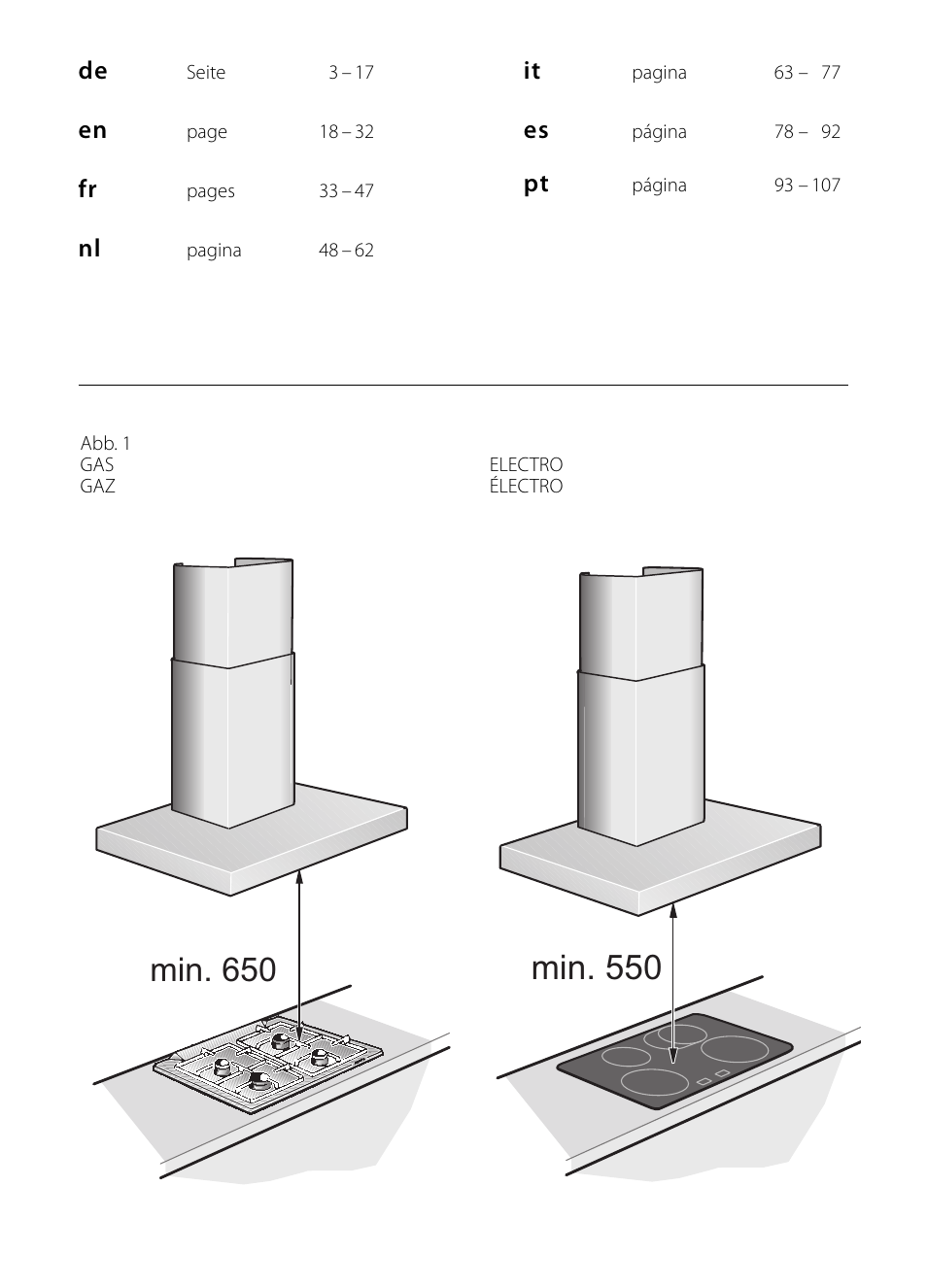 Min. 550, Min. 650 | Bosch DWB129950 Diseño Box EAN 4242002490267 Ancho 120 cm User Manual | Page 2 / 108