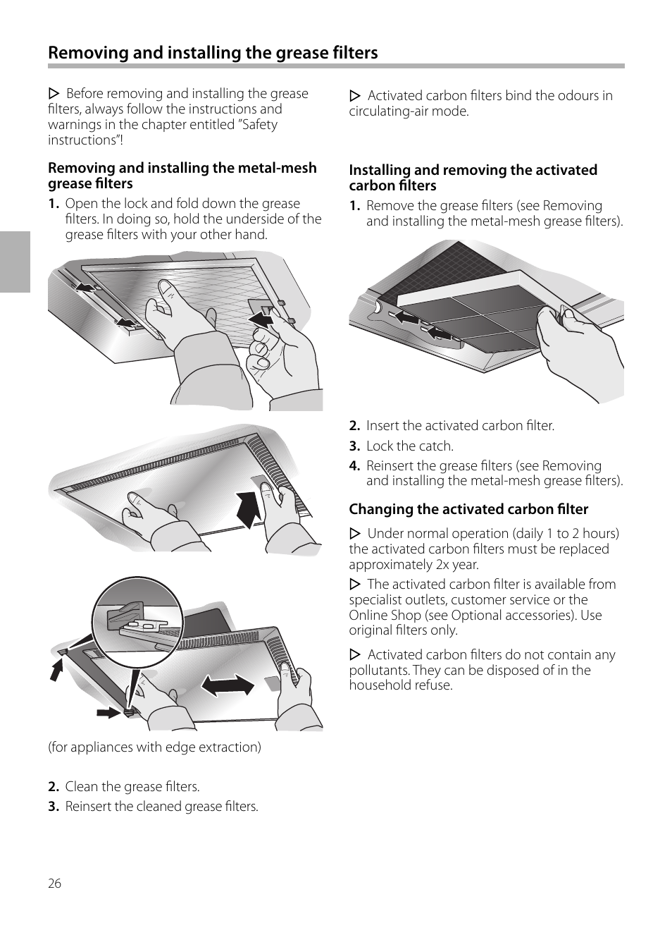 Removing and installing the grease filters | Bosch DWB129950 Diseño Box EAN 4242002490267 Ancho 120 cm User Manual | Page 26 / 108